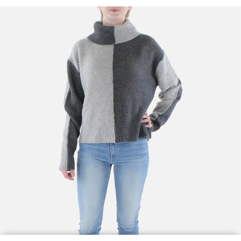 Chelsea & Theodore Womens Turtleneck Sweater Colorblock Cashmere Gray Medium